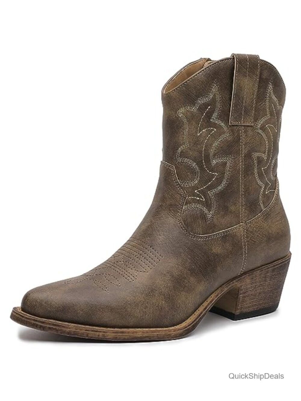 Western Cowboy Ankle Booties Faux Leather Pointed Toe Block Heel Side Zip